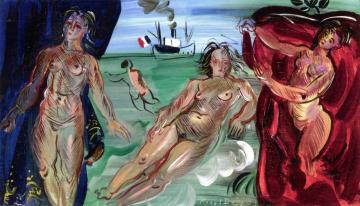 Three Nudes with Freighter Artwork by Raoul Dufy