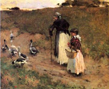 Old Woman with Child and Goose Artwork by Willard Leroy Metcalf
