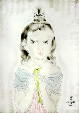 Girl with a Bird Artwork by Tsuguharu Foujita