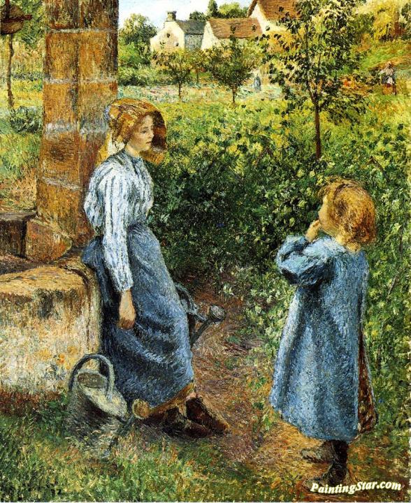 Young Woman and Child at the Well Artwork by Camille Pissarro