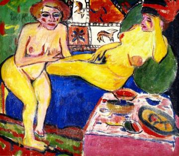 Two Female Nudes On A Blue Sofa Artwork by Erich Heckel