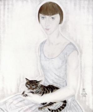 Woman with Cat, Portrait of Ghita Artwork by Tsuguharu Foujita