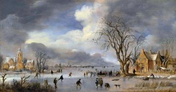 A winter landscape with skaters and kolf players on a frozen river Artwork by Aert van der Neer