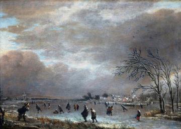 Winter Landscape with Skaters on a Frozen River Artwork by Aert van der Neer