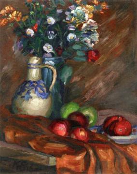 Still Life With Asters, Pitcher And Apples Artwork by Kurt Schwitters
