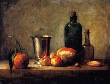 Seville Orange, Silver Goblet, Apples, Pear and Two Bottles Artwork by Jean-Baptiste-Simeon Chardin
