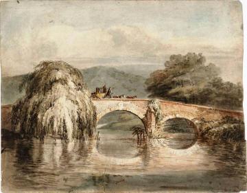 A Coach Crossing a Two-Arched Bridge, with a Weeping Willow Artwork by Joseph Mallord William Turner