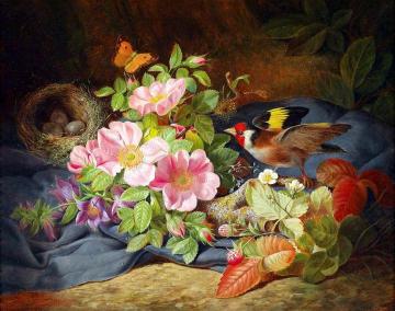 Still Life With Flowers And Bird Artwork by Josef Lauer