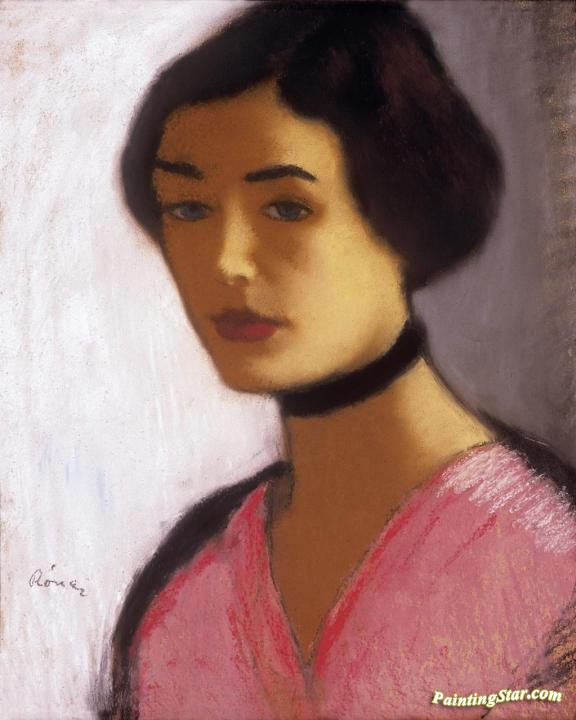 Woman in Pink Dress and Black Collar Artwork by József Rippl-Rónai