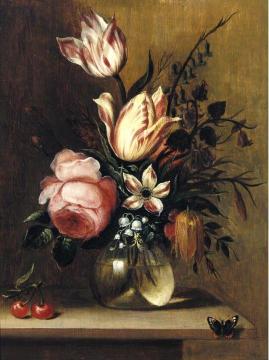 A still life with tulips, a pink rose and other flowers in a vase Artwork by Hans Bollongier