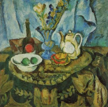 Still Life with a Coffee Pot and Brocade Artwork by Pyotr Konchalovsky