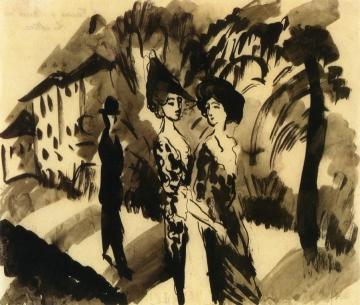 Two Women and an Man on an Avenue Artwork by August Macke
