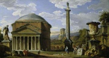 Capriccio of Roman Ruins with the Pantheon Artwork by Giovanni Paolo Pannini