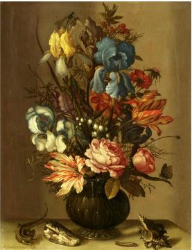 Still Life of Roses, Tulips, Irises, French Marigold, etc. Artwork by Balthasar van der Ast