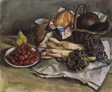 Still life with asparagus and strawberries Artwork by Zinaida Serebriakova