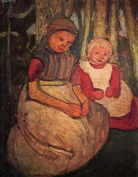 Two girls sitting in the birch forest Artwork by Paula Modersohn-Becker