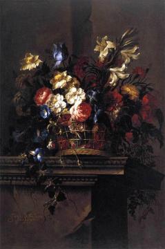 Basket of Flowers on a Plinth Artwork by Juan de Arellano