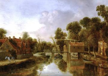 A village with a drawbridge over a river, etc. Artwork by Aert van der Neer