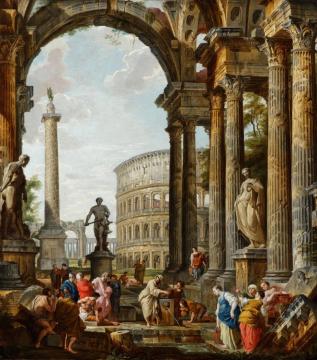 An Architectural Capriccio With The Philosopher Diogenes And Other Figures By A Fountain Artwork by Giovanni Paolo Pannini