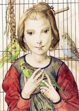 Girl With A Bird Artwork by Tsuguharu Foujita