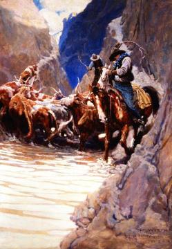 Little Rattlesnake Creek, Rounding Up Artwork by Newell Convers (N.C.) Wyeth