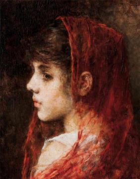 Portrait of a young girl with a red veil Artwork by Alexei Harlamoff