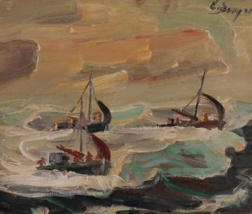 Fishing Boats in Rough Sea Artwork by Einar Halvdan Berger