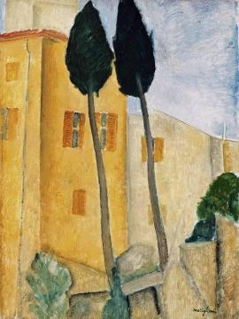 Cypress Trees And Houses, Midday Landscape Artwork by Amedeo Modigliani