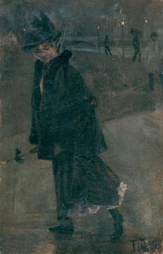 Woman walking with umbrella in nocturnal Berlin Artwork by Franz Skarbina