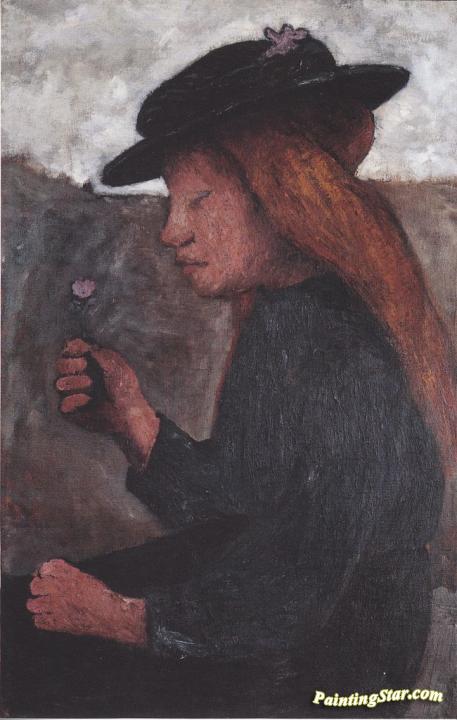 Seated girl with black hat and flower in her hand Artwork by Paula Modersohn-Becker