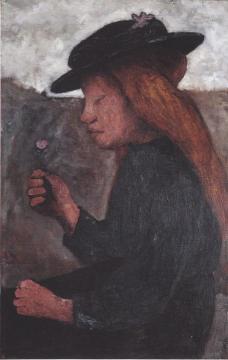 Seated girl with black hat and flower in her hand Artwork by Paula Modersohn-Becker