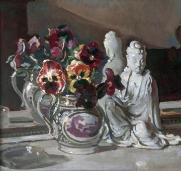 Pansies in a Lustre Jug with a Blanc de Chine Figure Artwork by William Charles Penn