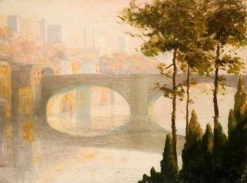 View across a River with an Arched Bridge Artwork by Thomas Edwin Mostyn