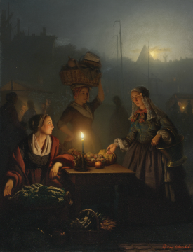 Buying Fruit And Vegetables At The Night Market Artwork by Petrus van Schendel