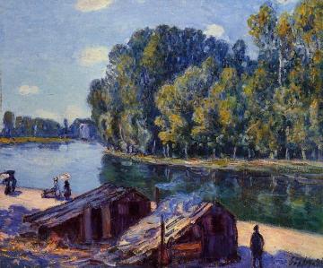 Cabins along the Loing Canal, Sunlight Effect Artwork by Alfred Sisley