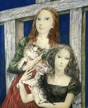 Young Women with Cats Artwork by Tsuguharu Foujita