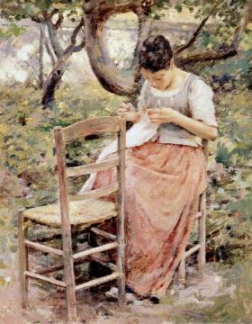 Girl Sewing Artwork by Theodore Robinson