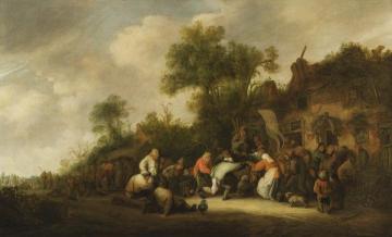Peasants Dancing and Carousing outside a Village Inn Artwork by Isaac van Ostade