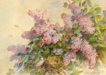 Lilacs and Birds Artwork by Madeleine Jeanne Lemaire
