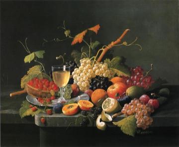 Fruit on a Marble Ledge with Wine Glass Artwork by Severin Roesen