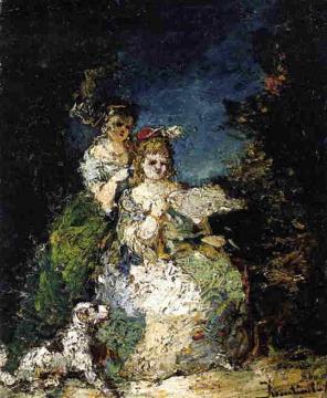 Young Girls And Dog In A Park Artwork by Adolphe Joseph Thomas Monticelli