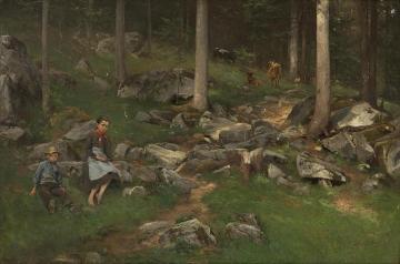 Part Of A Wood With Girl, Boy And Cows Artwork by Axel Hjalmar Ender