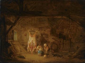 A Barn Interior With Three Children Playing With A Pig's Bladder Artwork by Isaac van Ostade