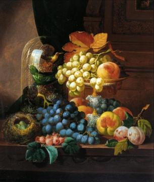 Fruit, Birds Nest And Birds In Bell Jar Artwork by John Wainwright