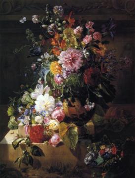 Still Life With Roses, Peonies, Lilac, Morning Glories And Other Flowers In A Greek Vase On A Stone Plinth Artwork by Georgius Jacobus Johannes van Os