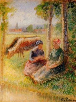 Two Cowherds by the River Artwork by Camille Pissarro
