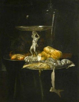 Still Life of a Silver Tazza with a Wine Glass, Crab, Herring, Bread and Onion Artwork by Willem van Aelst