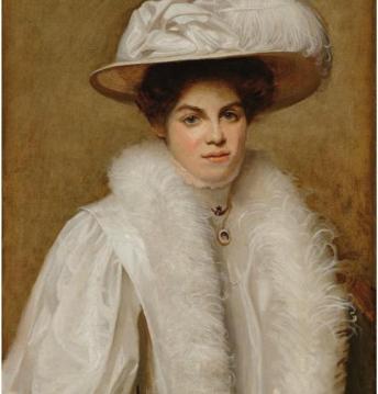 Portrait Of Doris Camptell In A White Dress And Hat With Feathers Artwork by Ernest Townsend