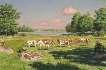 Summer landscape with grazing cattle Artwork by Johan Krouthén