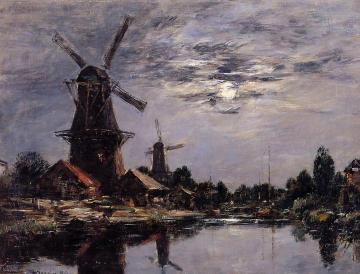 Windmills and Canel near Dordrecht Artwork by Eugène-Louis Boudin